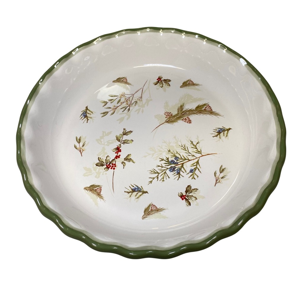 Sonoma Holly Greens Ceramic Pie Dish 10.5 Inch Scalloped Rim Holiday Bakeware